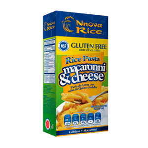 Pasta Alimenticia en forma de Macarrón a base de Arroz con Salsa de Queso Cheddar Libre de Gluten